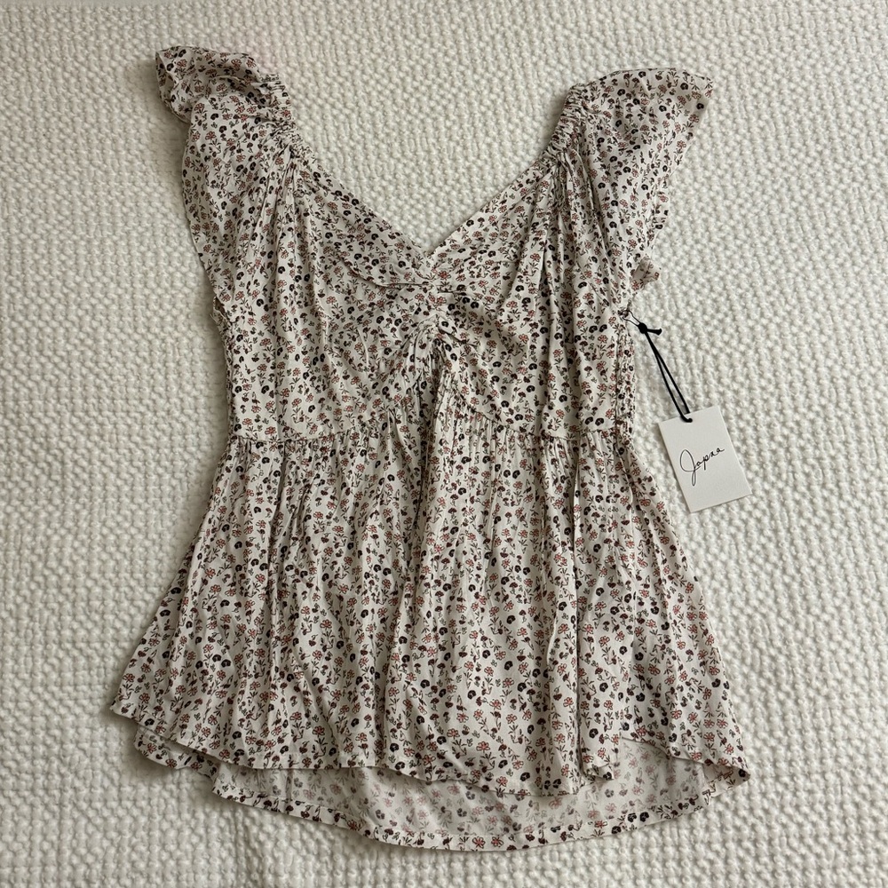 NWT JAPNA Fall Floral Flowy Blouse with Ruched Detailing